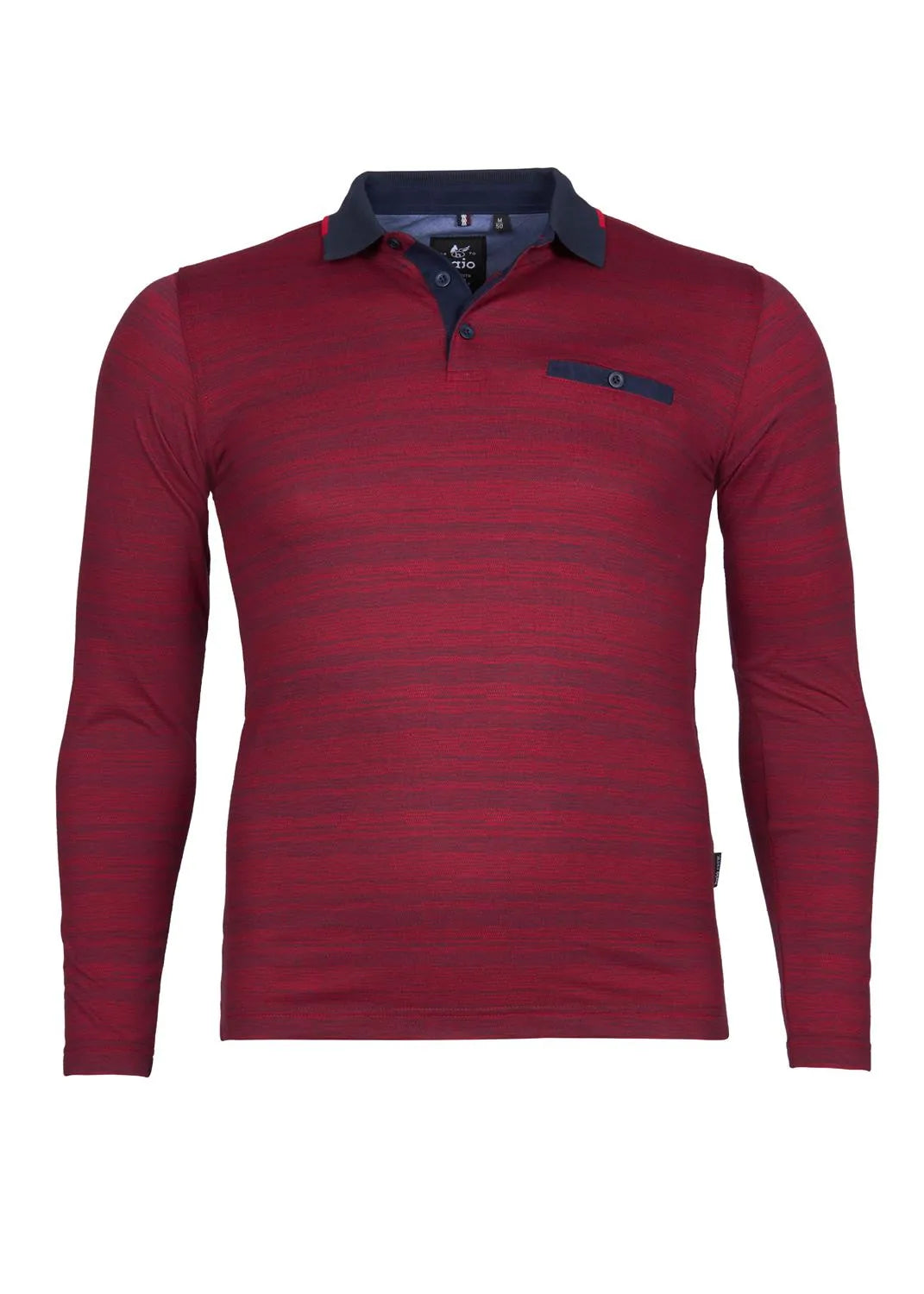 Kastanienbraun gestreiftes, langärmeliges Poloshirt mit marineblauen Akzenten und Taschendetails.