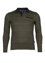 Olivgrünes, langärmeliges Poloshirt mit schwarzen Akzenten und Taschendetails.