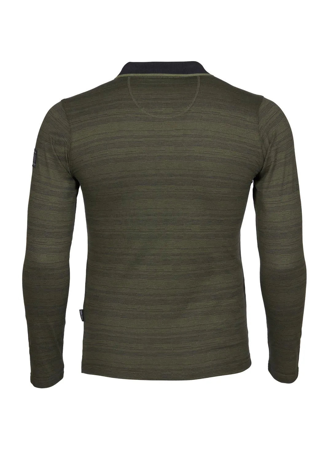 Olivgrünes Baselayer-Shirt aus Merinowolle mit schwarzen Akzenten und einem gerippten Kragen.