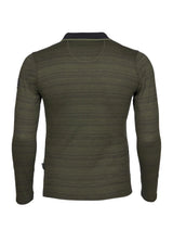 Olivgrünes Baselayer-Shirt aus Merinowolle mit schwarzen Akzenten und einem gerippten Kragen.