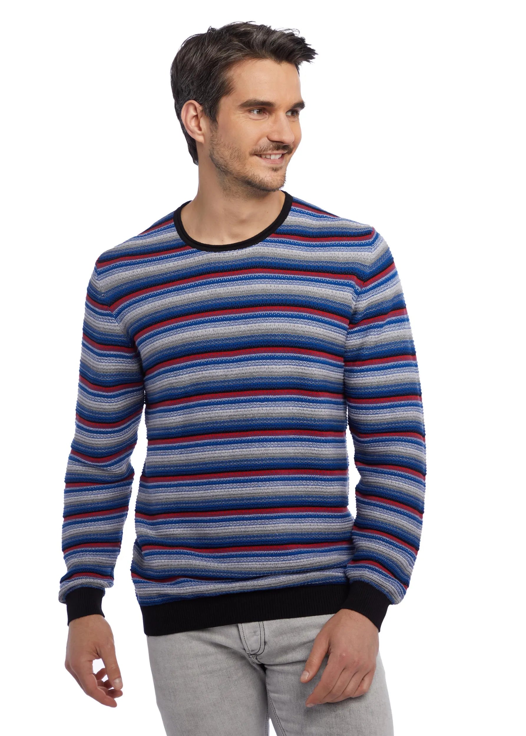 Gestreifter Pullover mit schwarzem Saum, blaue und violette Farbtöne, Material: Baumwollmischung.