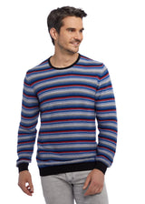 Gestreifter Pullover mit schwarzem Saum, blaue und violette Farbtöne, Material: Baumwollmischung.