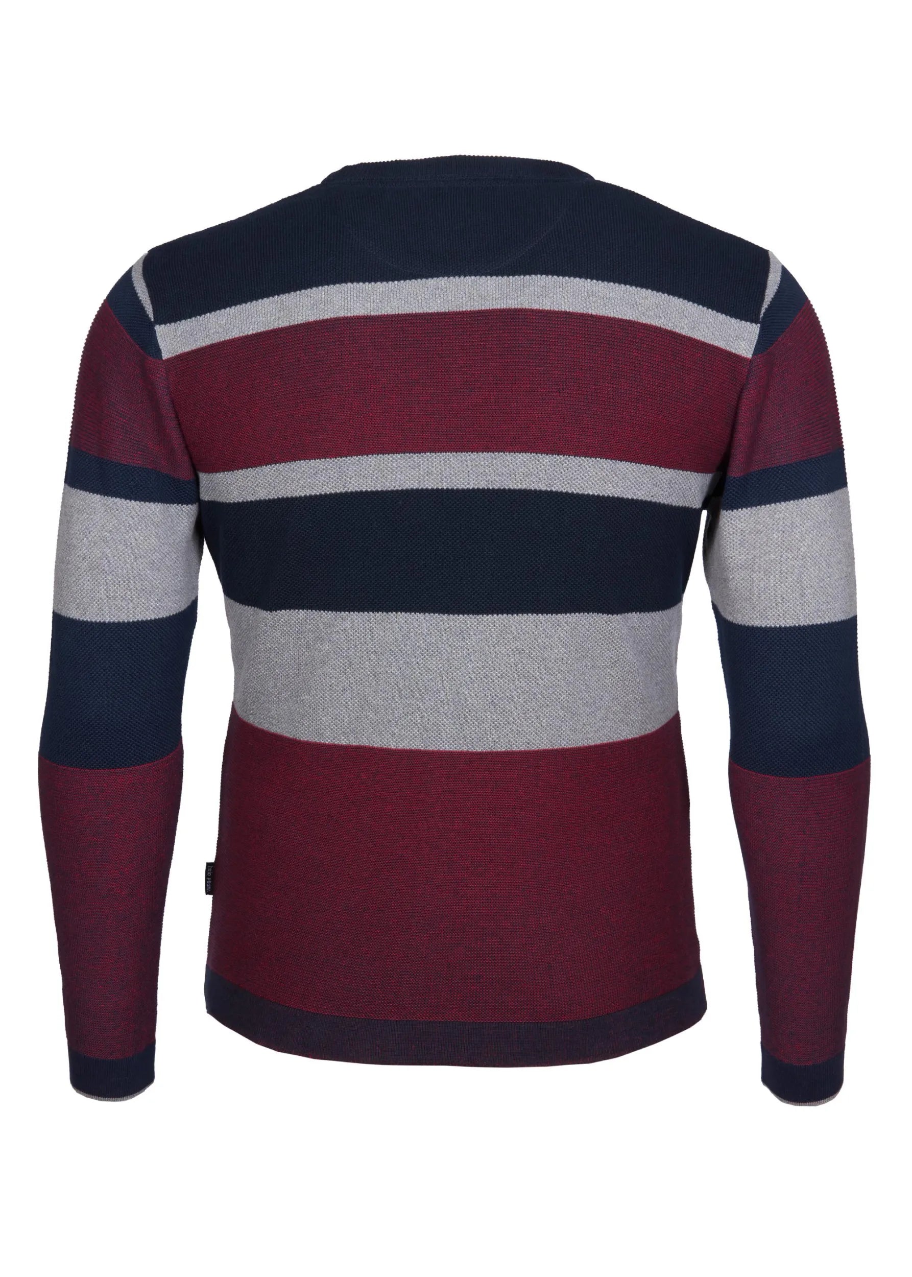 Gestreifter Pullover mit marineblauen, kastanienbraunen und grauen Streifen.