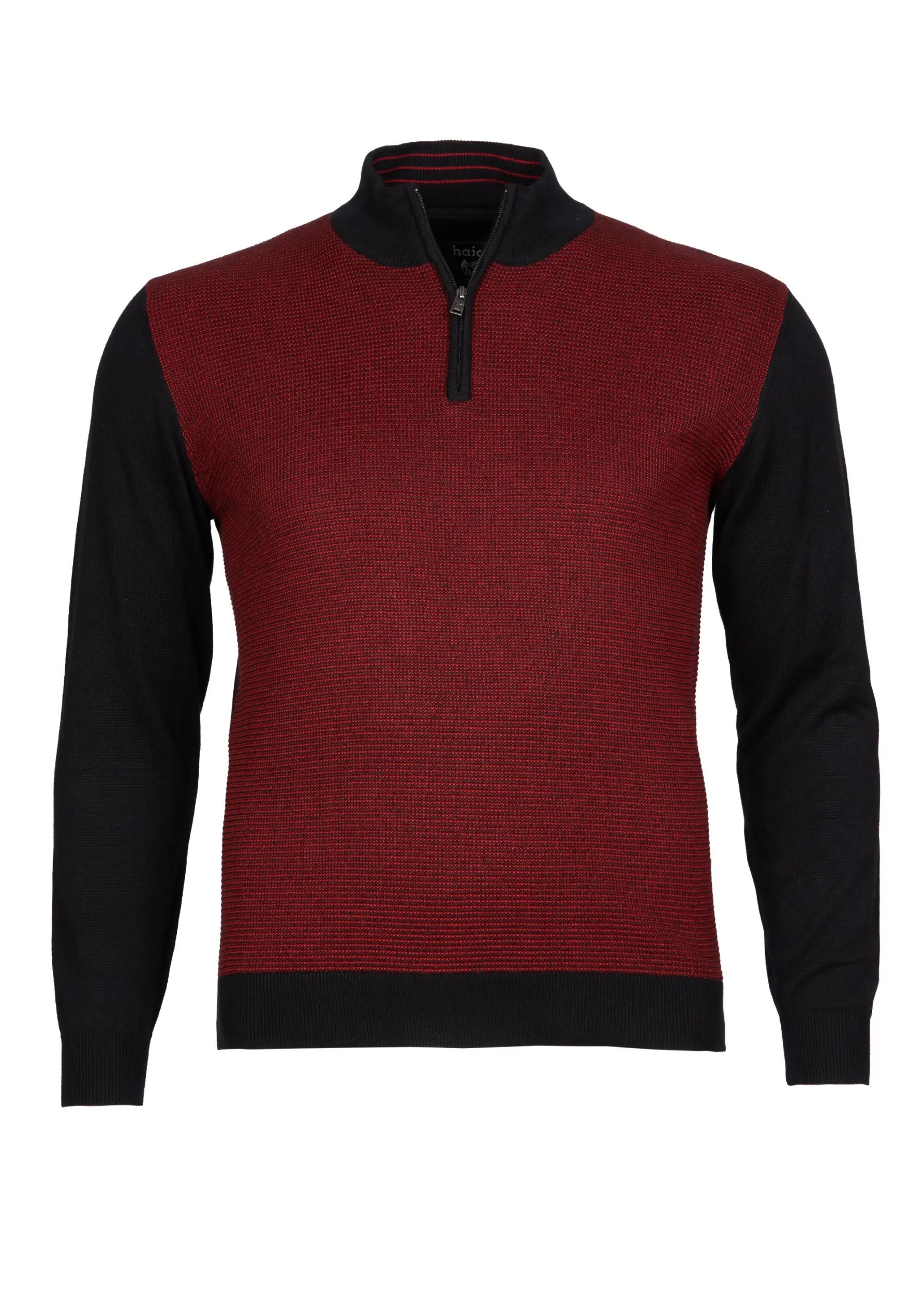Pullover aus Merinowolle mit schwarzem und rotem Farbblockmuster, Reißverschluss am Kragen.