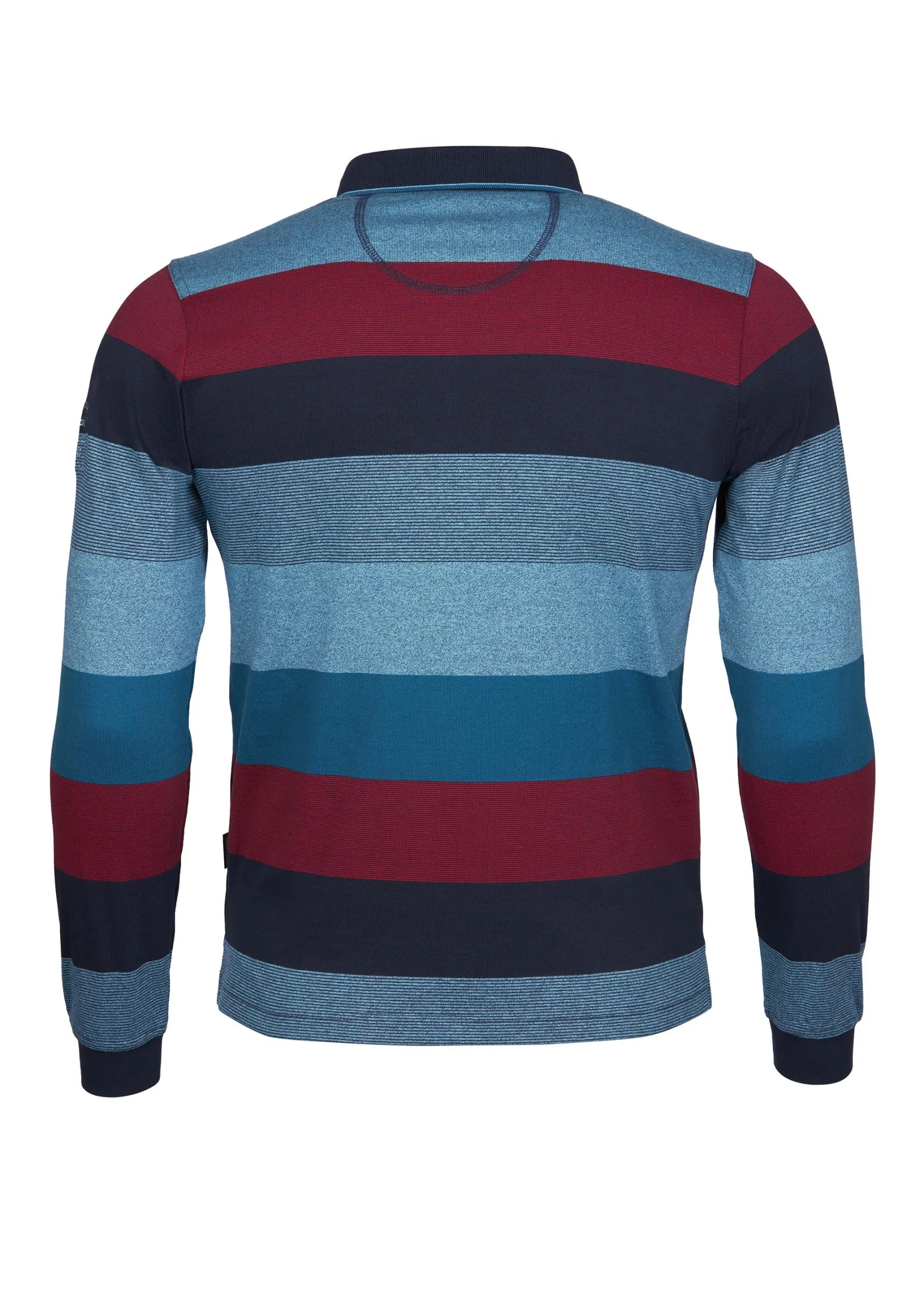 Gestreiftes Poloshirt mit blauen, roten und blaugrünen Streifen auf marineblauem Hintergrund.