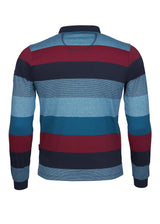 Gestreiftes Poloshirt mit blauen, roten und blaugrünen Streifen auf marineblauem Hintergrund.
