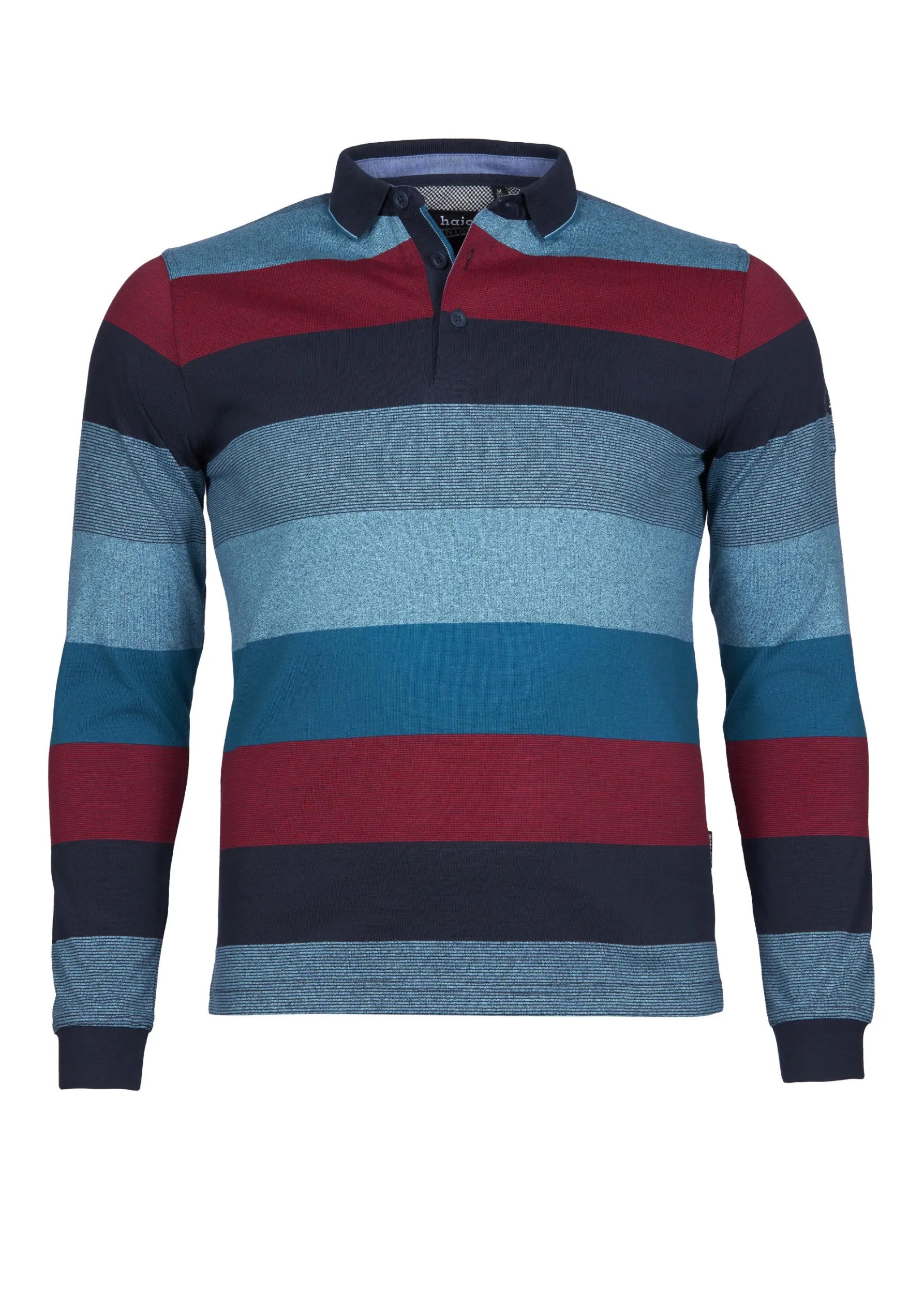 Blau und rot gestreiftes Poloshirt mit einem Viertel-Reißverschlusskragen.