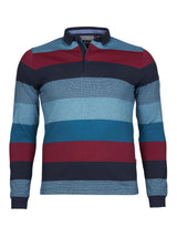 Blau und rot gestreiftes Poloshirt mit einem Viertel-Reißverschlusskragen.