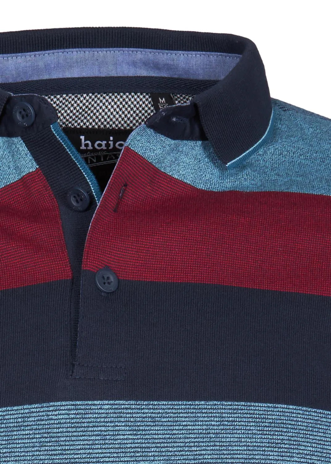 Blau-rot gestreiftes Poloshirt mit Button-Down-Kragen, aus Baumwolle.
