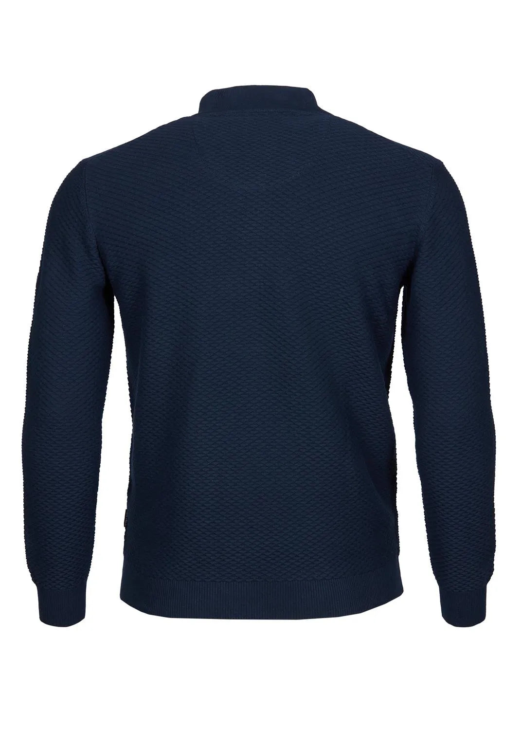 Marineblauer strukturierter Pullover mit hohem Kragen und langen Ärmeln.
