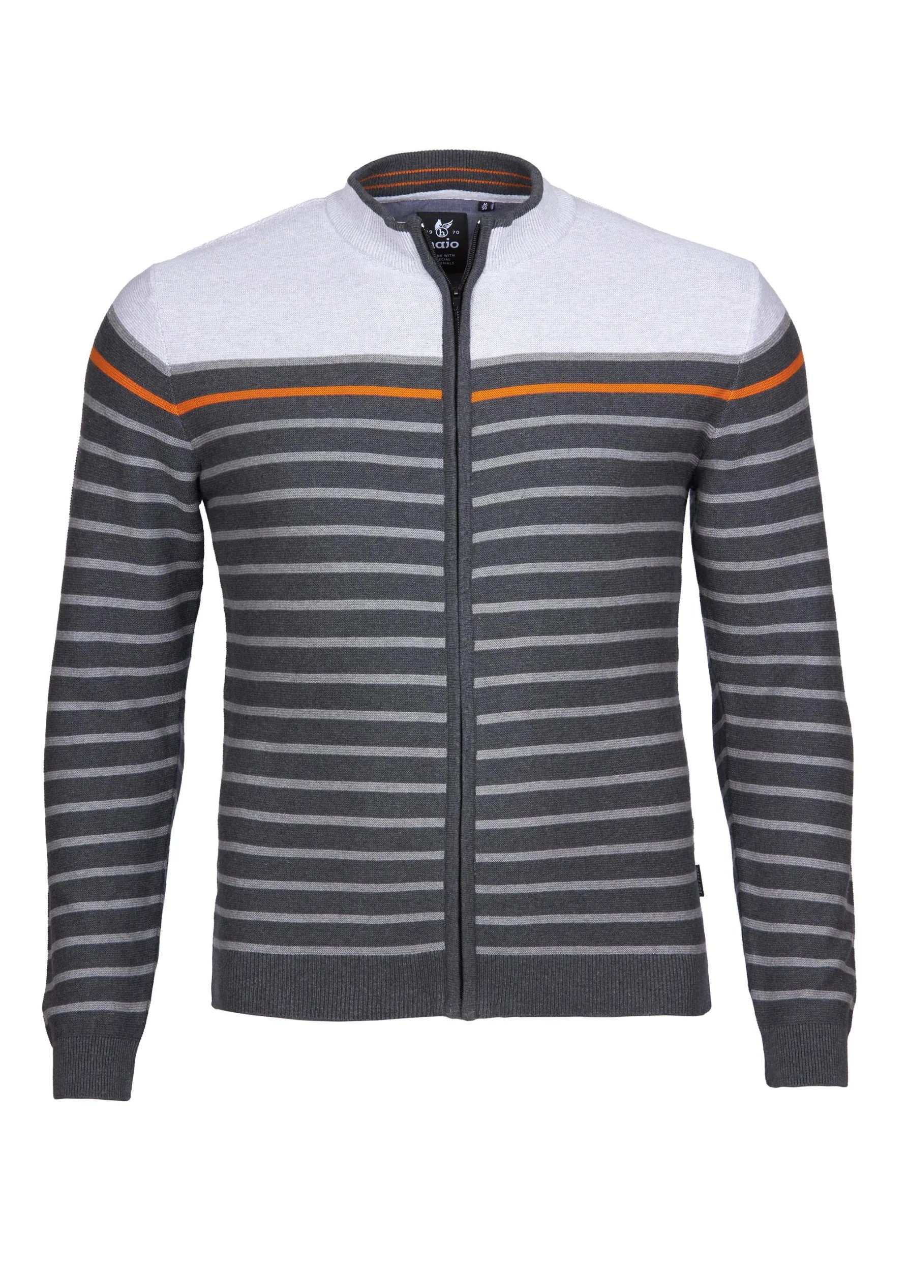 Gestreifter Pullover mit Reißverschluss mit orangefarbenen und grauen Akzenten, wahrscheinlich aus Baumwolle oder Polyestergemisch.
