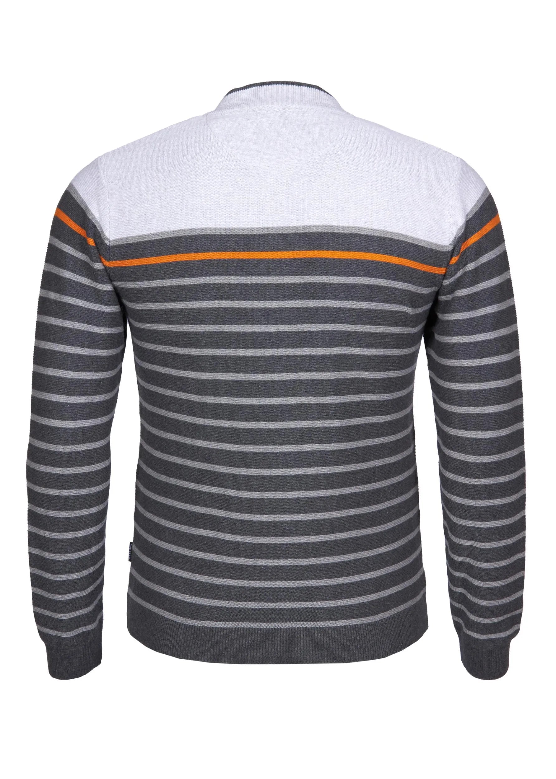 Gestreifter Pullover mit orangefarbenen und grauen Streifen, weißer Einsatz in der hinteren Mitte.