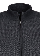 Anthrazitfarbener, strukturierter Pullover mit Reißverschluss, hohem Kragen und Reißverschlussdetail.