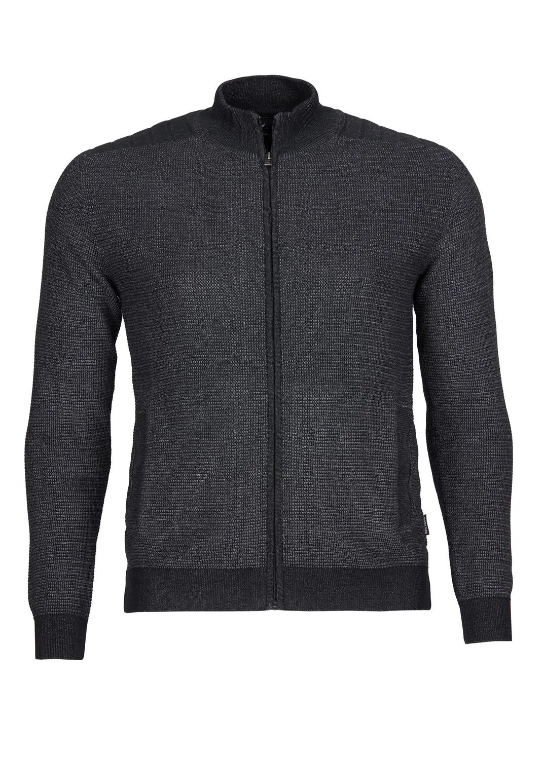 Schwarze, strukturierte Bomberjacke mit Reißverschluss und gerippten Bündchen, inspiriert von der Handschrift von Prada.