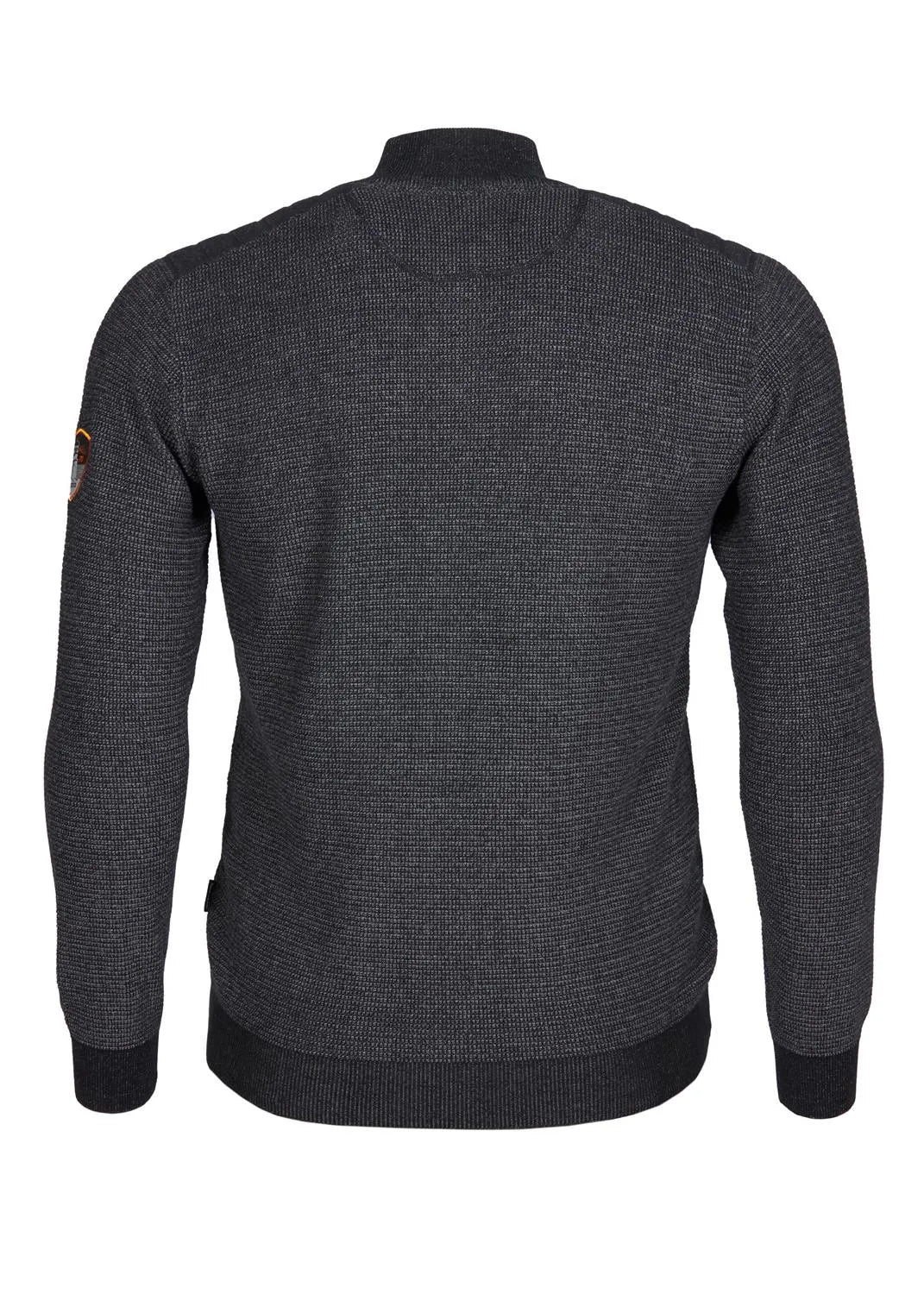 Anthrazitfarbener, strukturierter Pullover mit schwarzem Saum und Logoaufnäher am Ärmel.