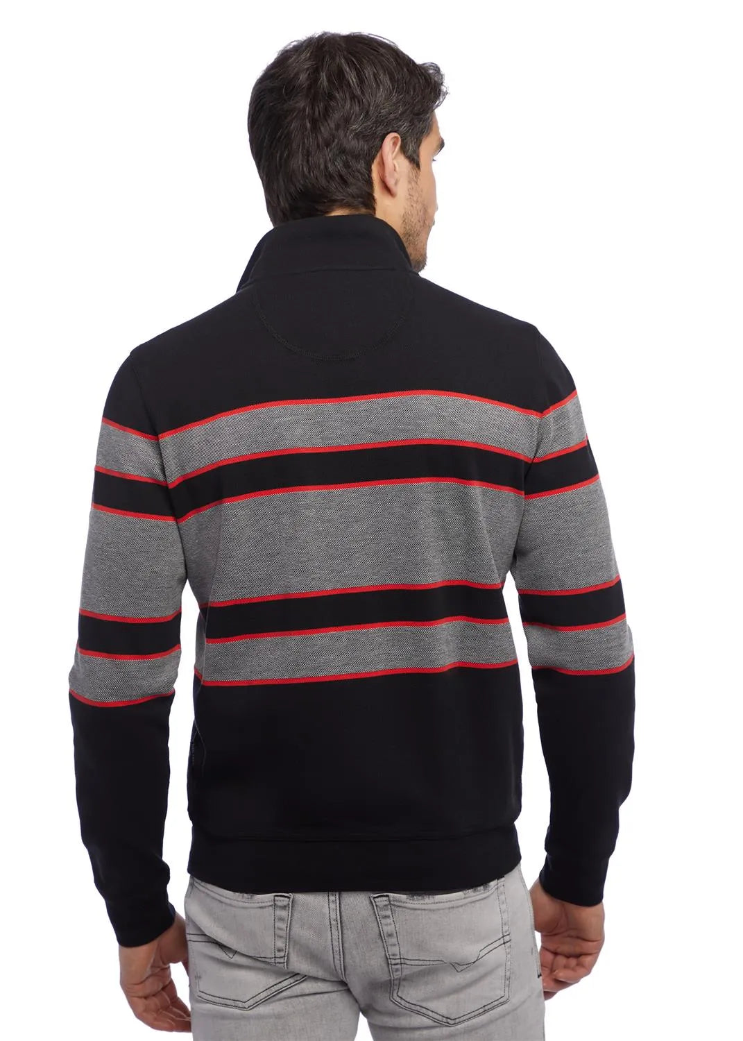 Schwarz und grau gestreifter Pullover mit roten Akzenten, aus weicher Baumwolle.