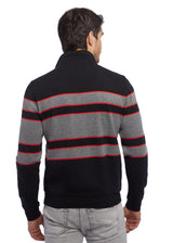 Schwarz und grau gestreifter Pullover mit roten Akzenten, aus weicher Baumwolle.