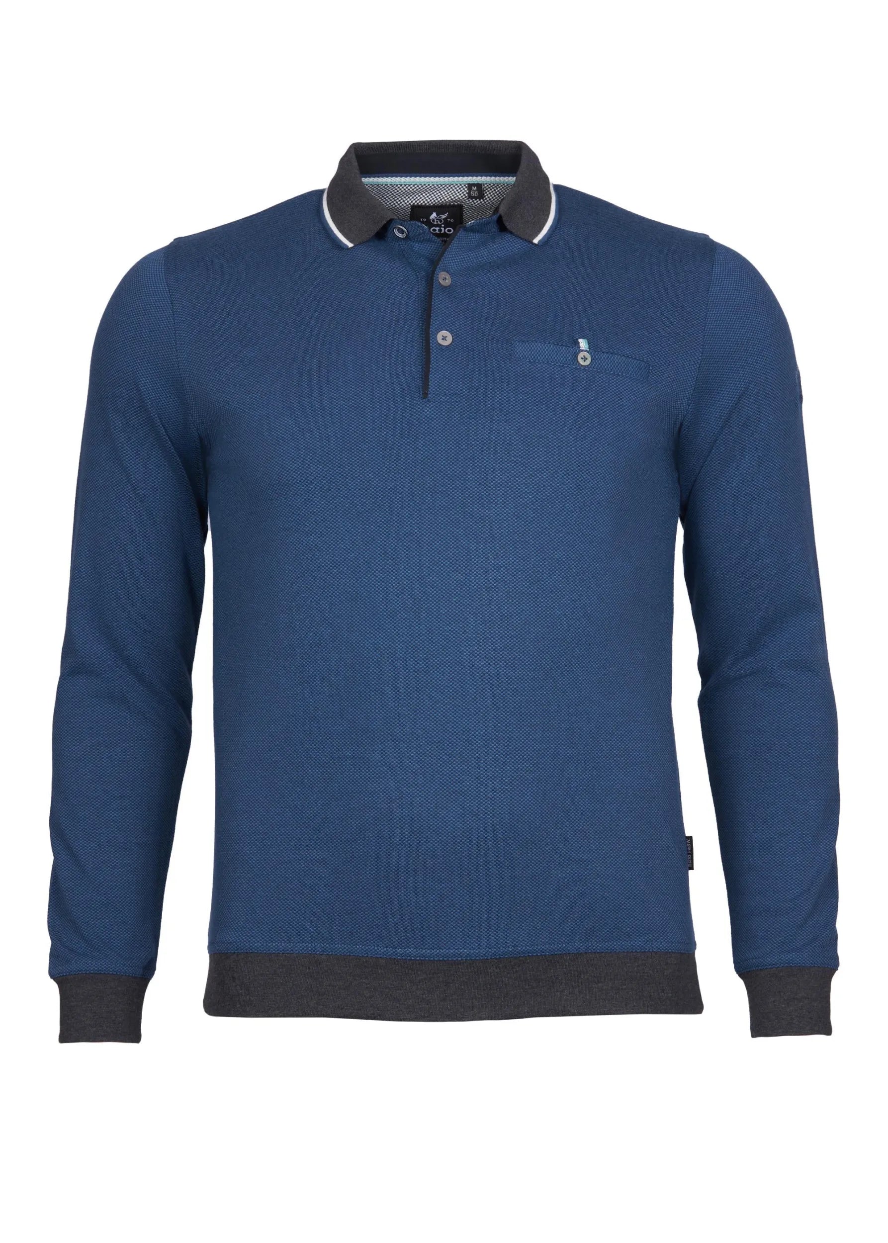 Marineblaues Poloshirt mit weißem Besatz und schwarzem Kragen, aus Baumwolle.