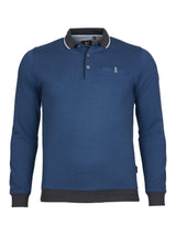 Marineblaues Poloshirt mit weißem Besatz und schwarzem Kragen, aus Baumwolle.