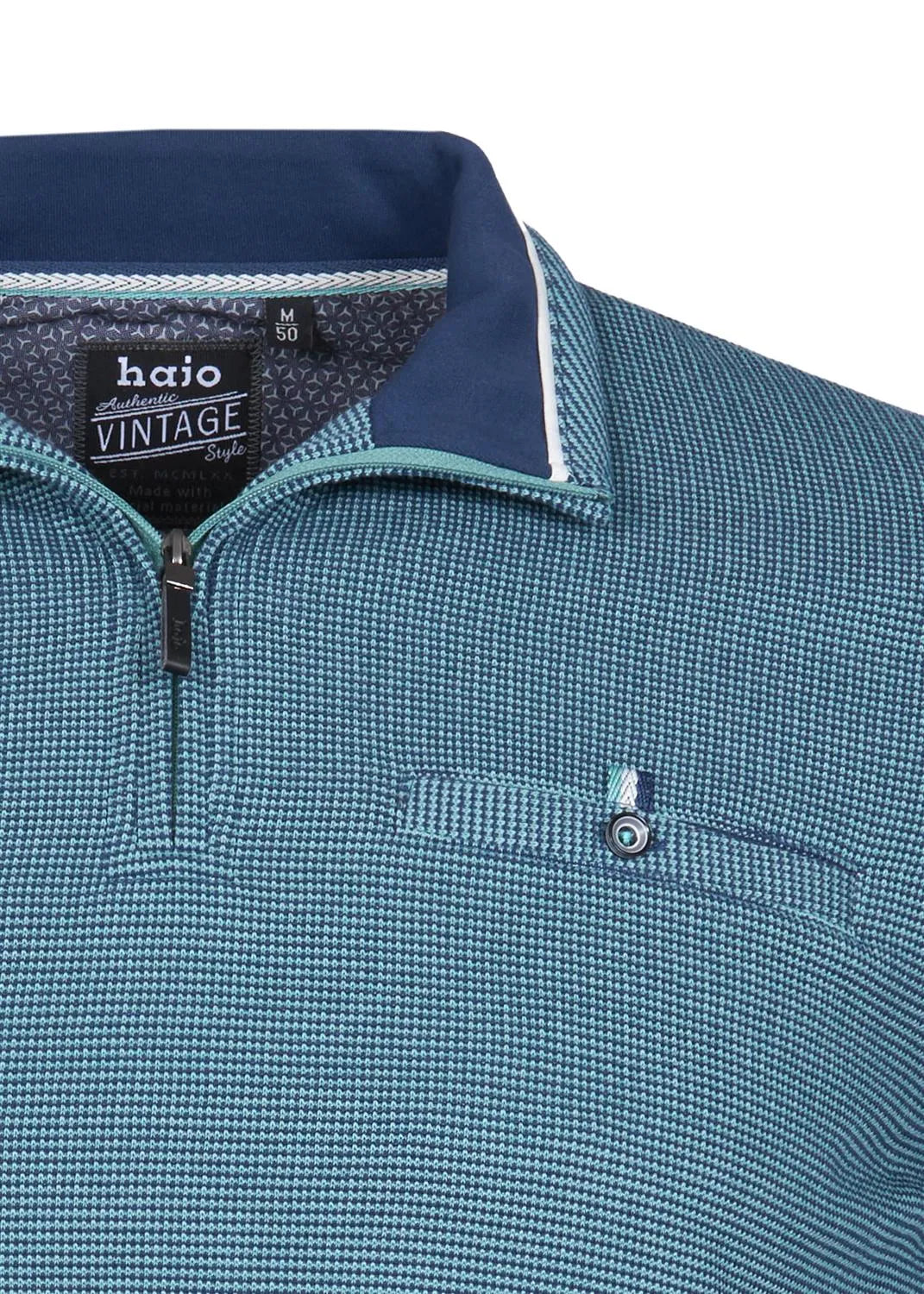 Halio Pullover mit Viertel-Reißverschluss im Vintage-Stil in Petrol und Marineblau mit strukturiertem Muster.