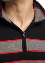 Schwarz-rot gestreifter Kapuzenpulli mit Reißverschluss und Kapuze.