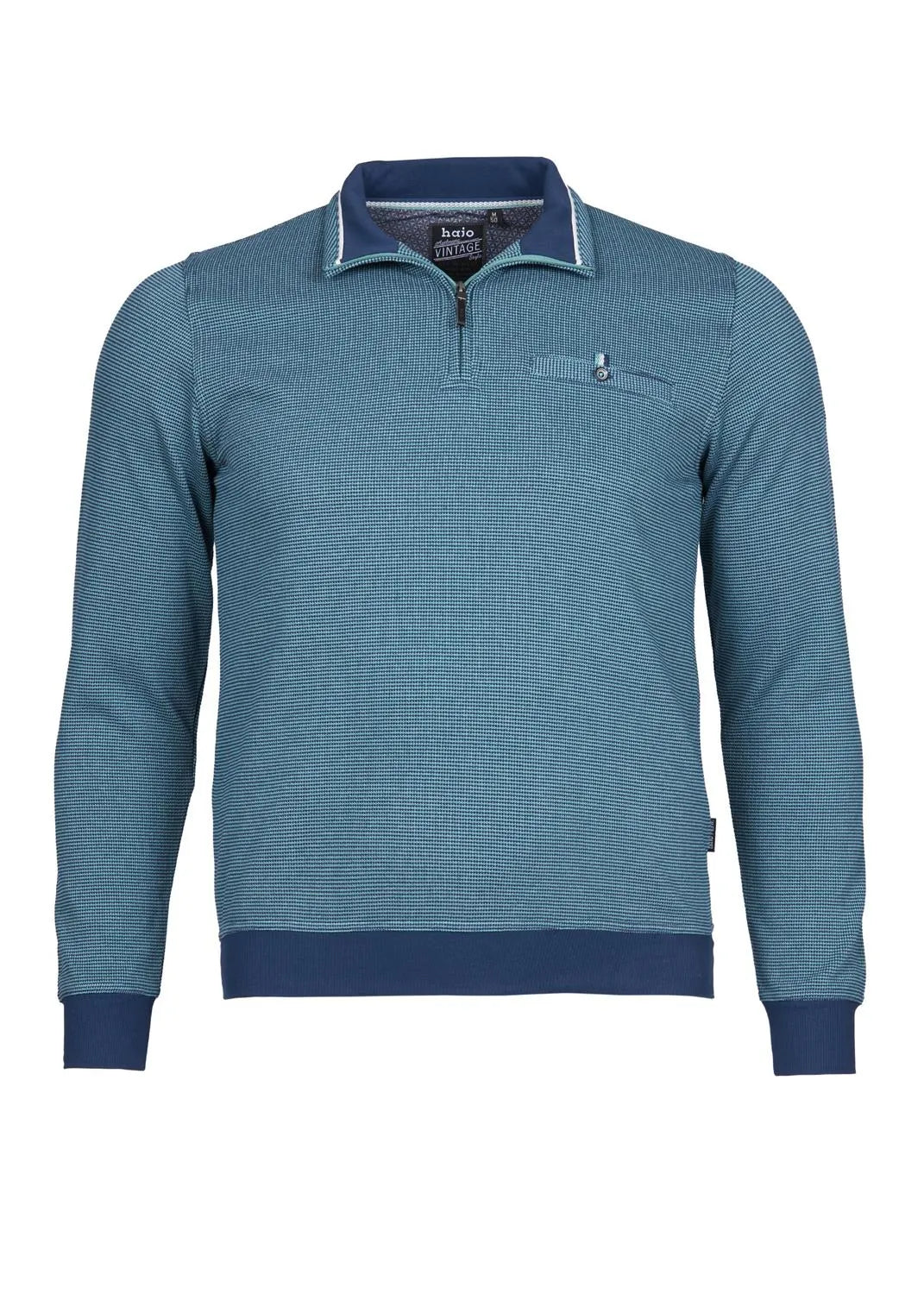 Blaugrünes, strukturiertes Poloshirt mit marineblauen Akzenten und Kragen, mit einem halben Reißverschluss.