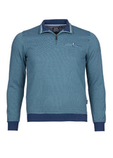 Blaugrünes, strukturiertes Poloshirt mit marineblauen Akzenten und Kragen, mit einem halben Reißverschluss.