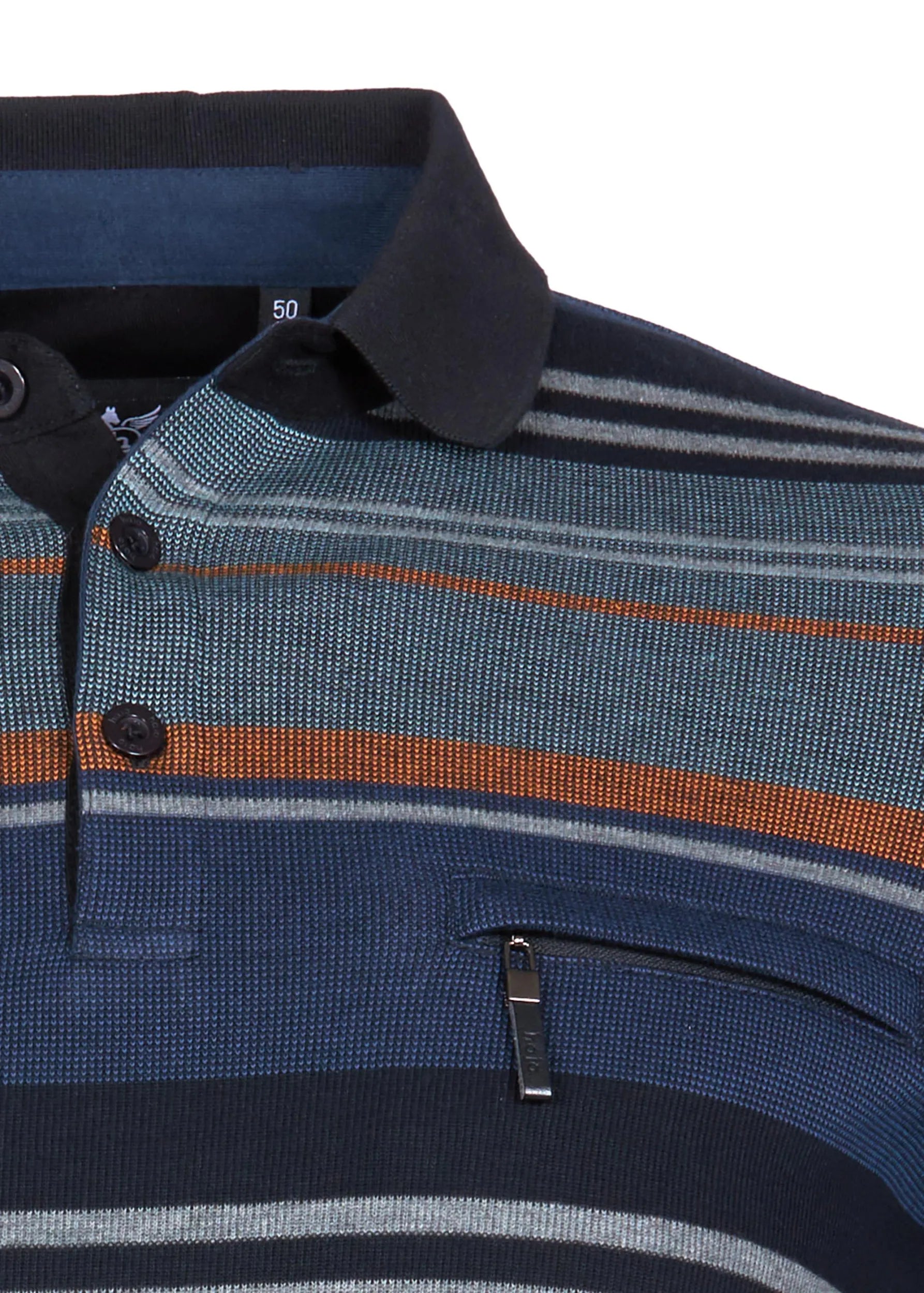 Marineblau gestreiftes Poloshirt mit orangefarbenen und weißen Akzenten, Button-Down-Kragen, Taschen mit Reißverschluss.