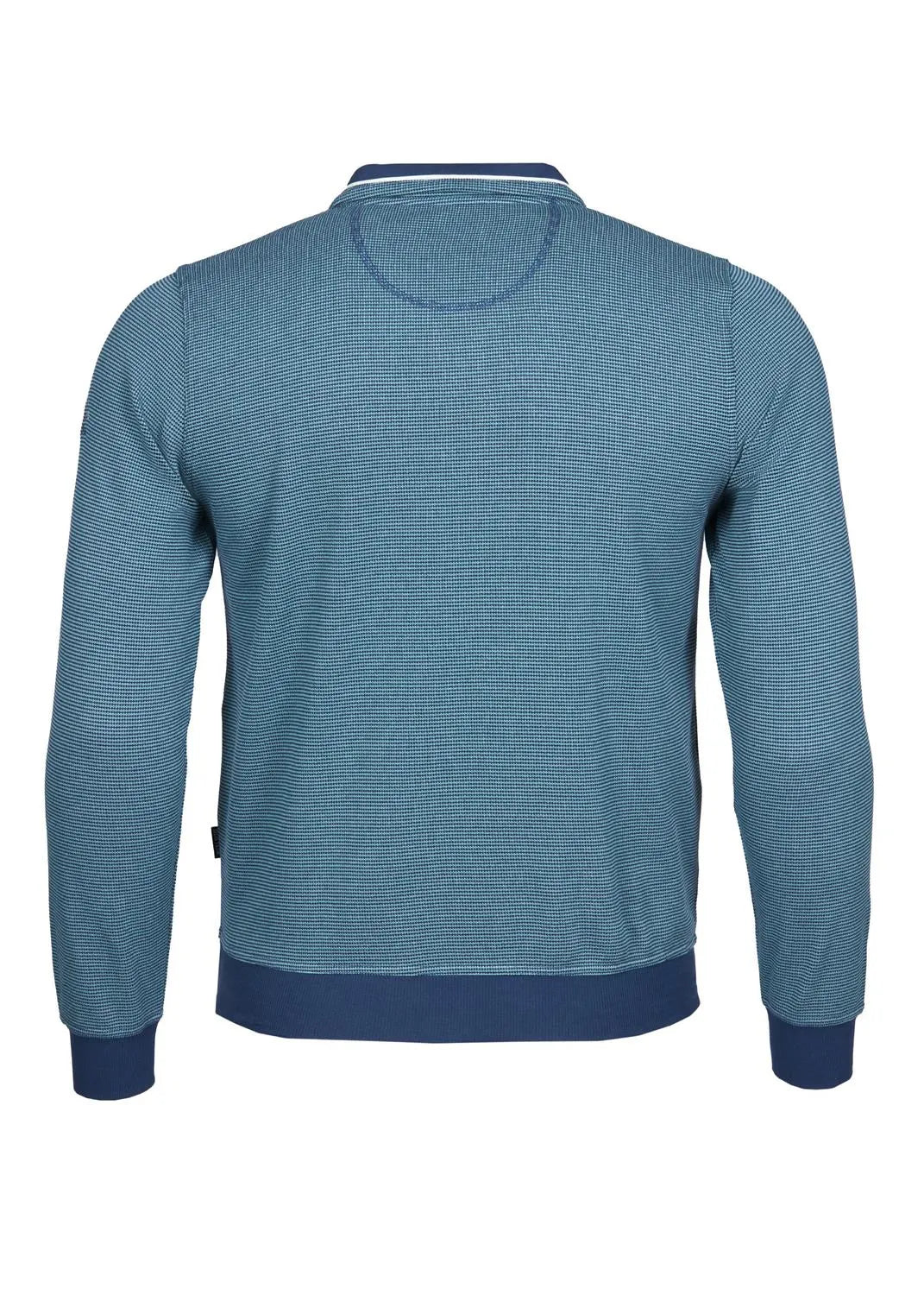 Blauer strukturierter Pullover mit marineblauen Akzenten und gerippten Bündchen, Kragen und Saum.