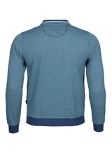 Blauer strukturierter Pullover mit marineblauen Akzenten und gerippten Bündchen, Kragen und Saum.
