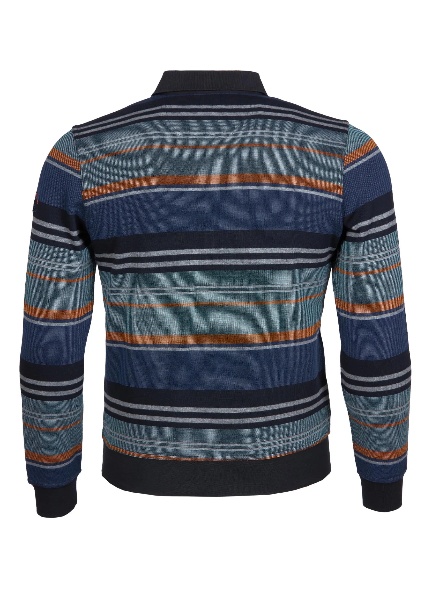 Gestreiftes Poloshirt mit marineblauen, blaugrünen und orangefarbenen Streifen auf schwarzem Hintergrund.