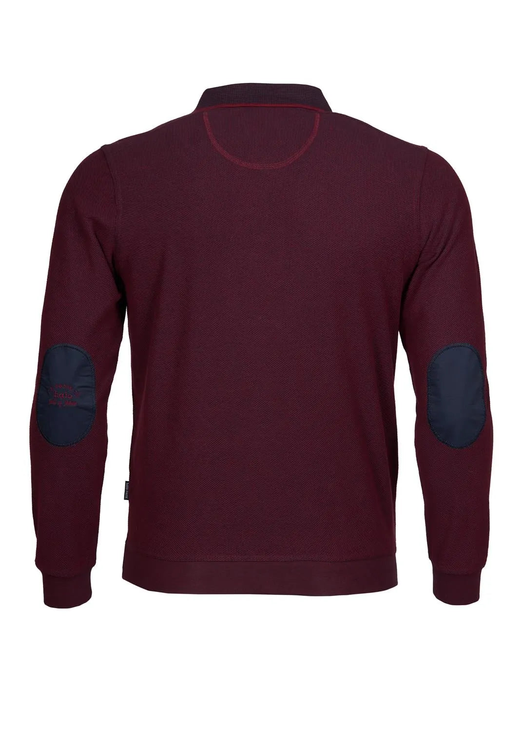 Kastanienbrauner langärmeliger Pullover mit Ellbogenaufnähern und Rippenbündchen, wahrscheinlich aus Baumwolle oder Polyestergemisch.