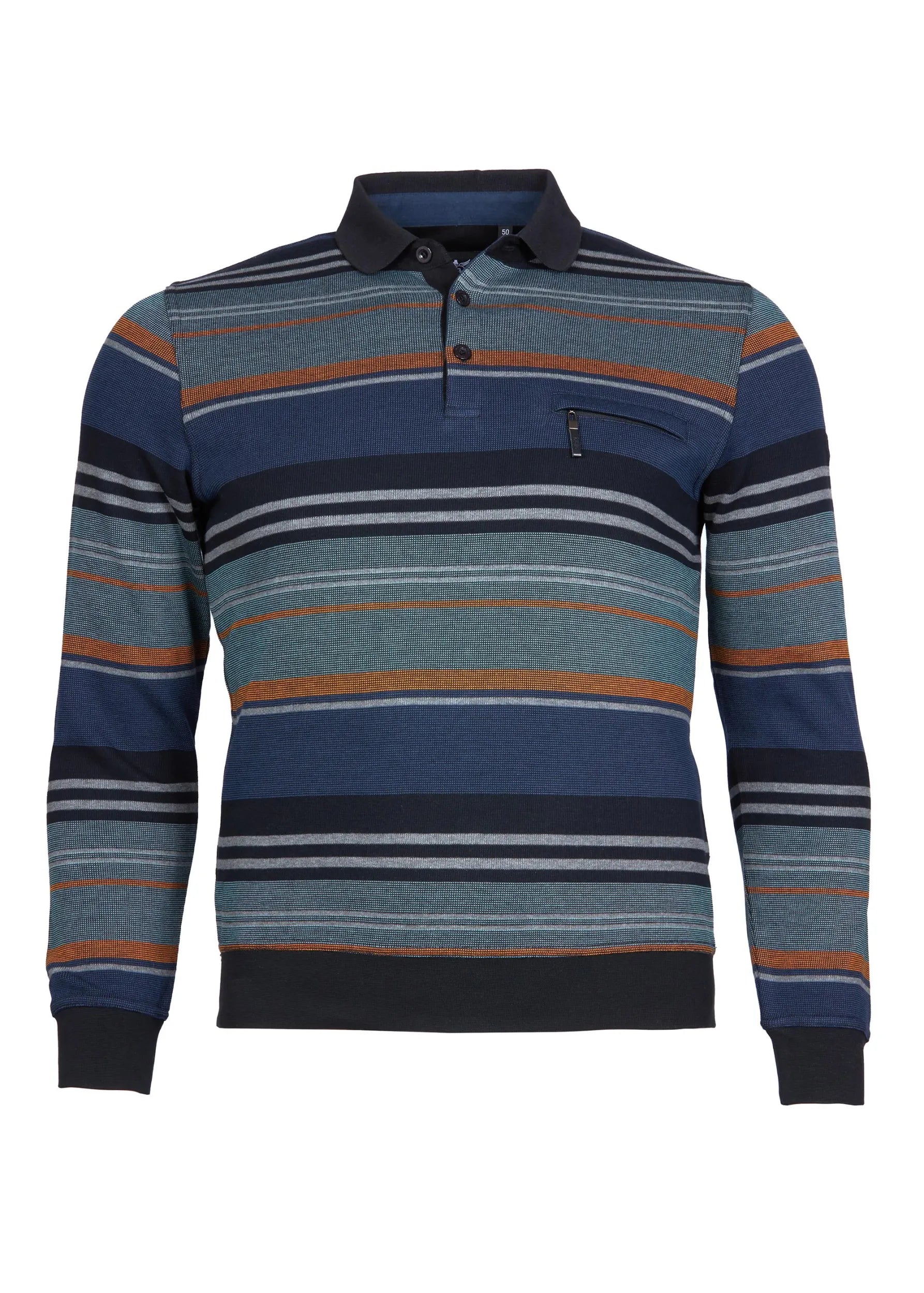 Marineblau und orange gestreiftes Poloshirt mit Strukturmuster, aus Baumwolle.