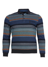 Marineblau und orange gestreiftes Poloshirt mit Strukturmuster, aus Baumwolle.