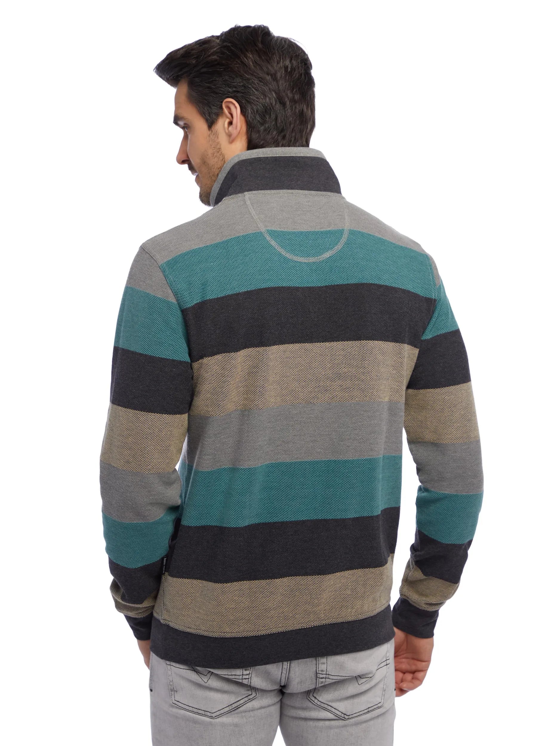Gestreifter Pullover mit blaugrünen, grauen und schwarzen Streifen, aus weicher Baumwollmischung.