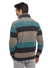Gestreifter Pullover mit blaugrünen, grauen und schwarzen Streifen, aus weicher Baumwollmischung.
