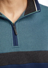 Blau und marineblau gestreifter Pullover mit Viertelreißverschluss und strukturiertem Strickmuster.