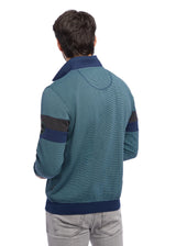 Blaugrün und marineblau gestreifte Cordjacke mit Reißverschluss.