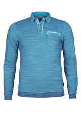 Blaues Langarm-Poloshirt mit einer Tasche und Knopfleiste.