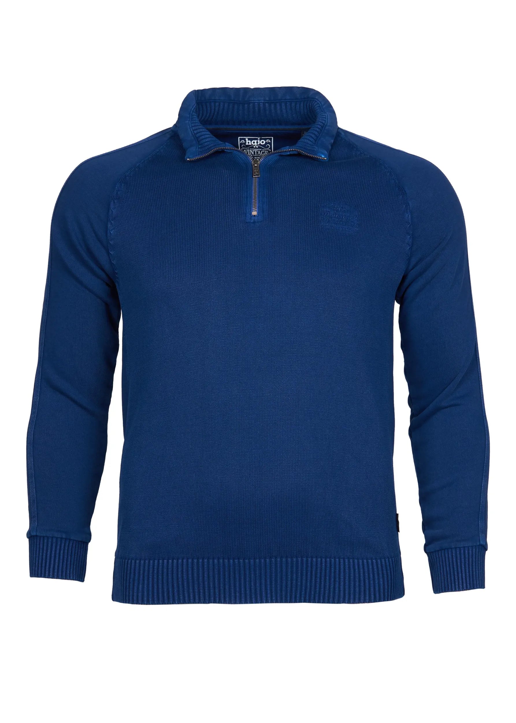 Königsblauer Pullover mit Reißverschluss, gerippten Details und Kragen im klassischen Polo-Stil.
