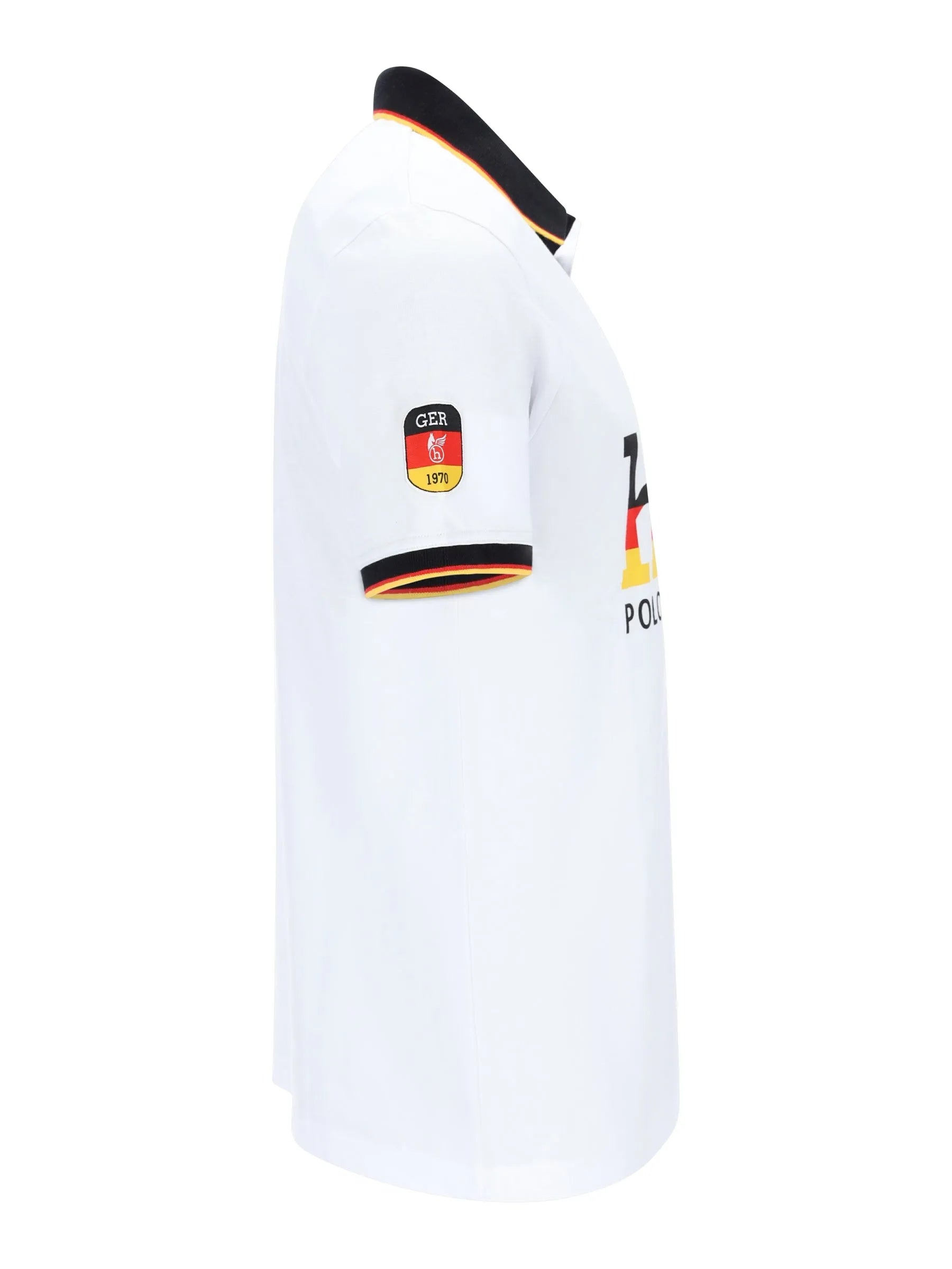 Weißes hajo fanshirt poloshirt mit schwarz orangefarbener borte und deutschem nationalmannschafts-emblem am ärmel