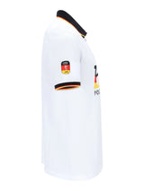 Weißes hajo fanshirt poloshirt mit schwarz orangefarbener borte und deutschem nationalmannschafts-emblem am ärmel