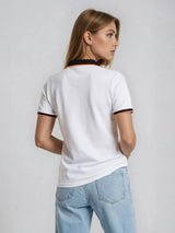 Weißes kurzärmliges polo shirt hajo fanshirt stay fresh® mit marineblau und orange farbenem kragen und ärmelabschluss