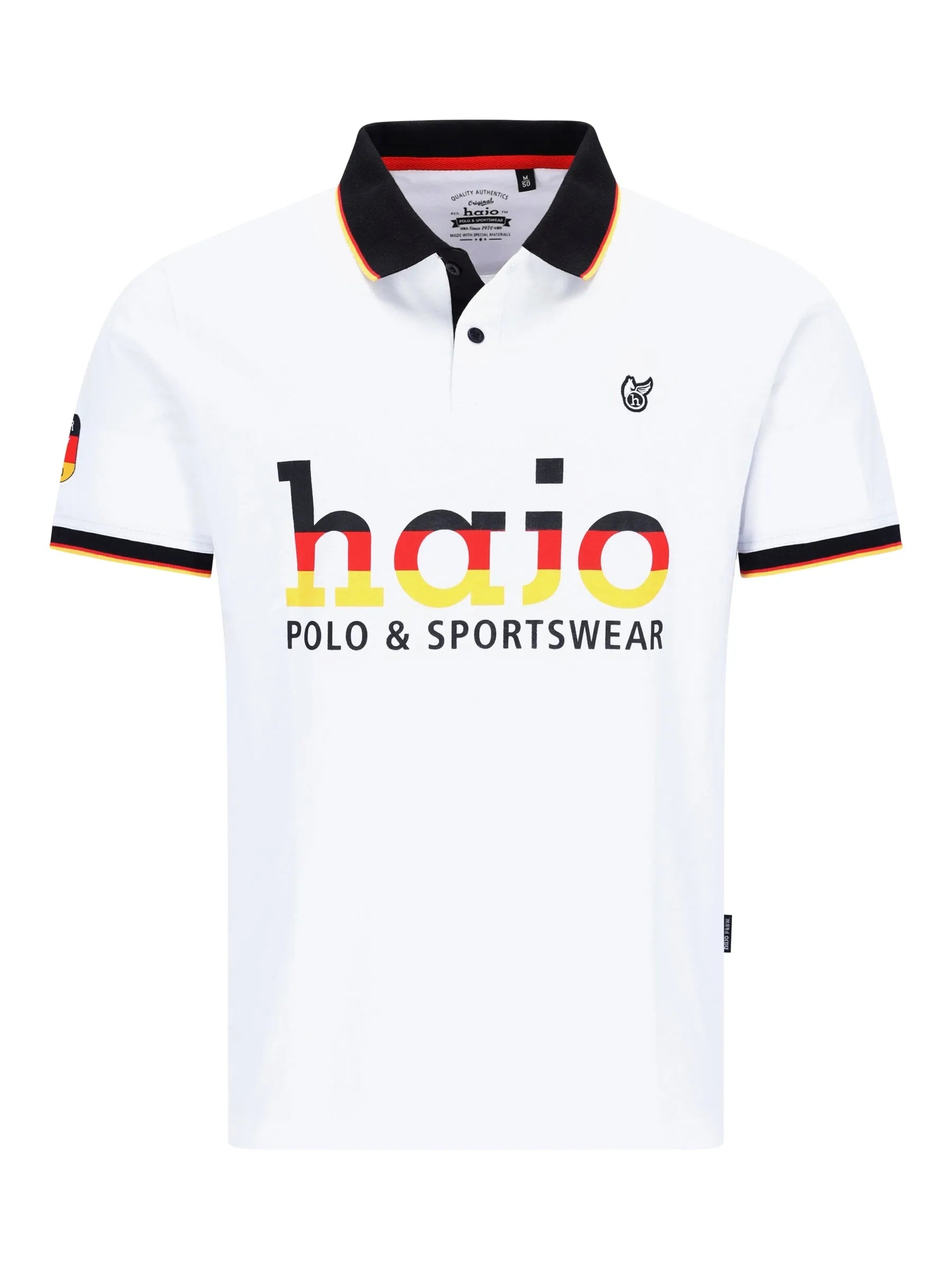 Weißes hajo Fanshirt Poloshirt mit schwarzem und rotem Besatz und auffälligem Verlaufshajo-Logo auf der Brust