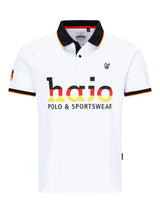 Weißes hajo Fanshirt Poloshirt mit schwarzem und rotem Besatz und auffälligem Verlaufshajo-Logo auf der Brust