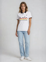 Weißes hajo fanshirt stay fresh® poloshirt mit schwarzem kragen und ärmelabschluss und buntem logo auf der brust