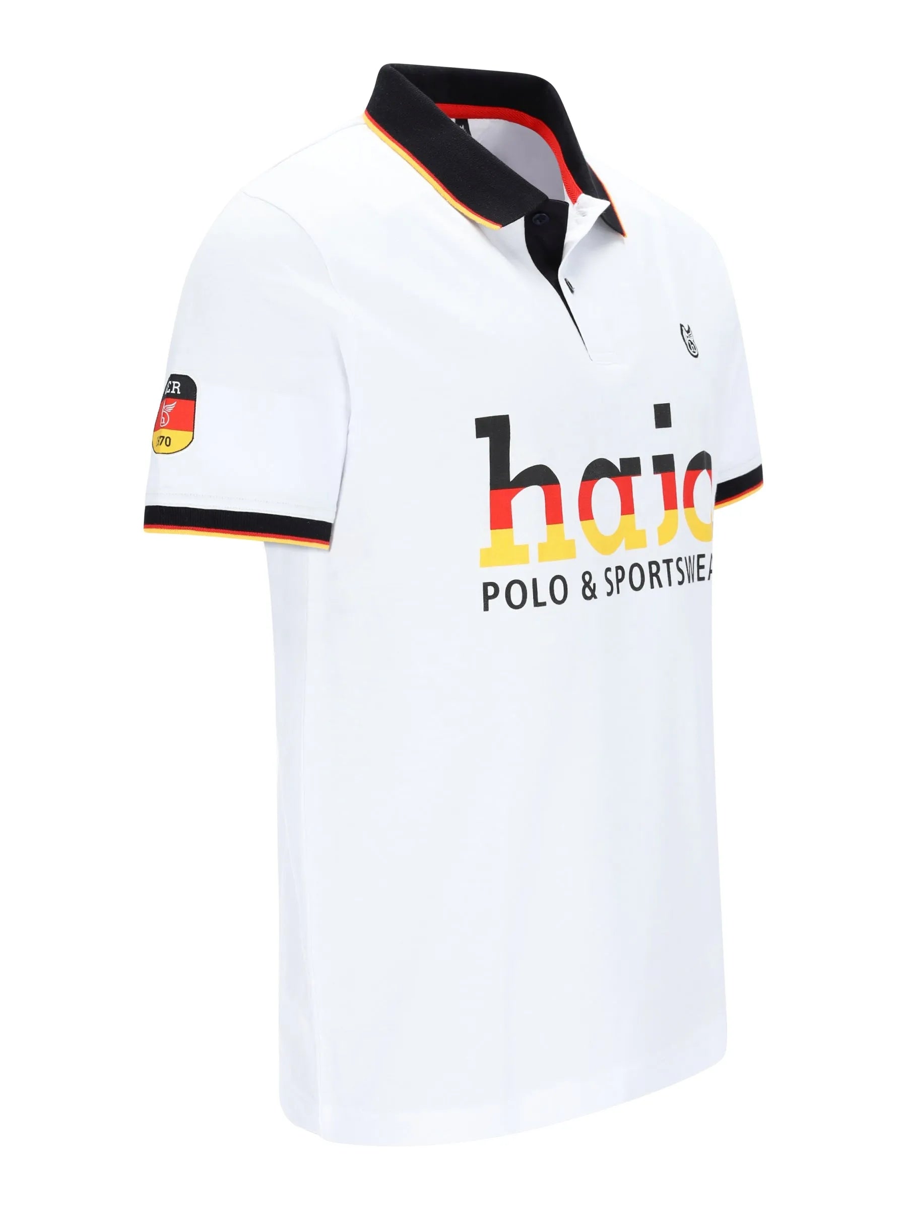 Weißes hajo fanshirt polo shirt mit schwarzem und orangefarbenem rand und deutschem flaggenpatch am ärmel