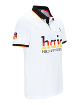 Weißes hajo fanshirt polo shirt mit schwarzem und orangefarbenem rand und deutschem flaggenpatch am ärmel