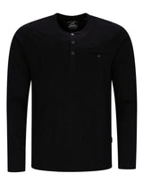 Schwarzes langärmliges Henley-Shirt mit Knöpfen und Taschen-Detail.