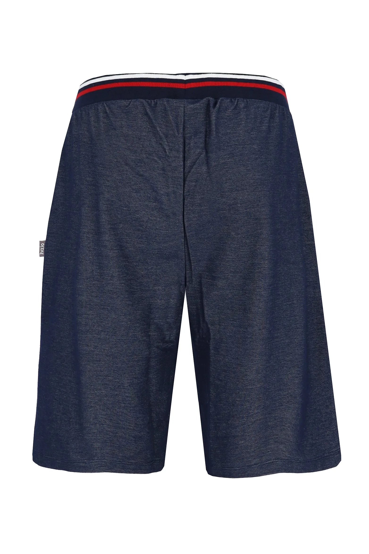 Marineblaue Sportshorts mit rotem und weißem Besatz, wahrscheinlich aus Polyester oder Baumwollmischgewebe.